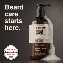Every Man Jack label close-up highlighting ingredient list and benefit of clean formulation