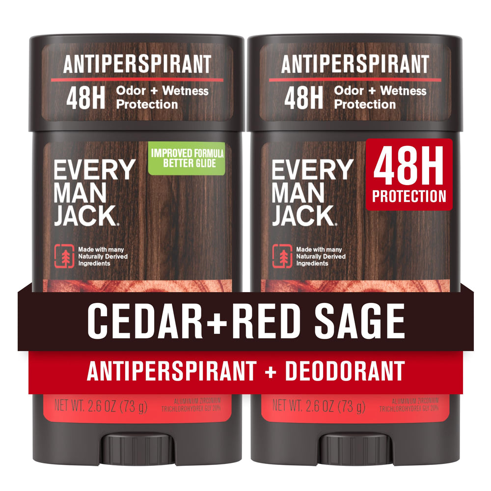 Every Man Jack front packaging showing cedar red sage scent and two-stick value