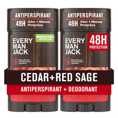 Every Man Jack front packaging showing cedar red sage scent and two-stick value