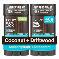 Every Man Jack front packaging showing coconut driftwood scent and two-pack benefit