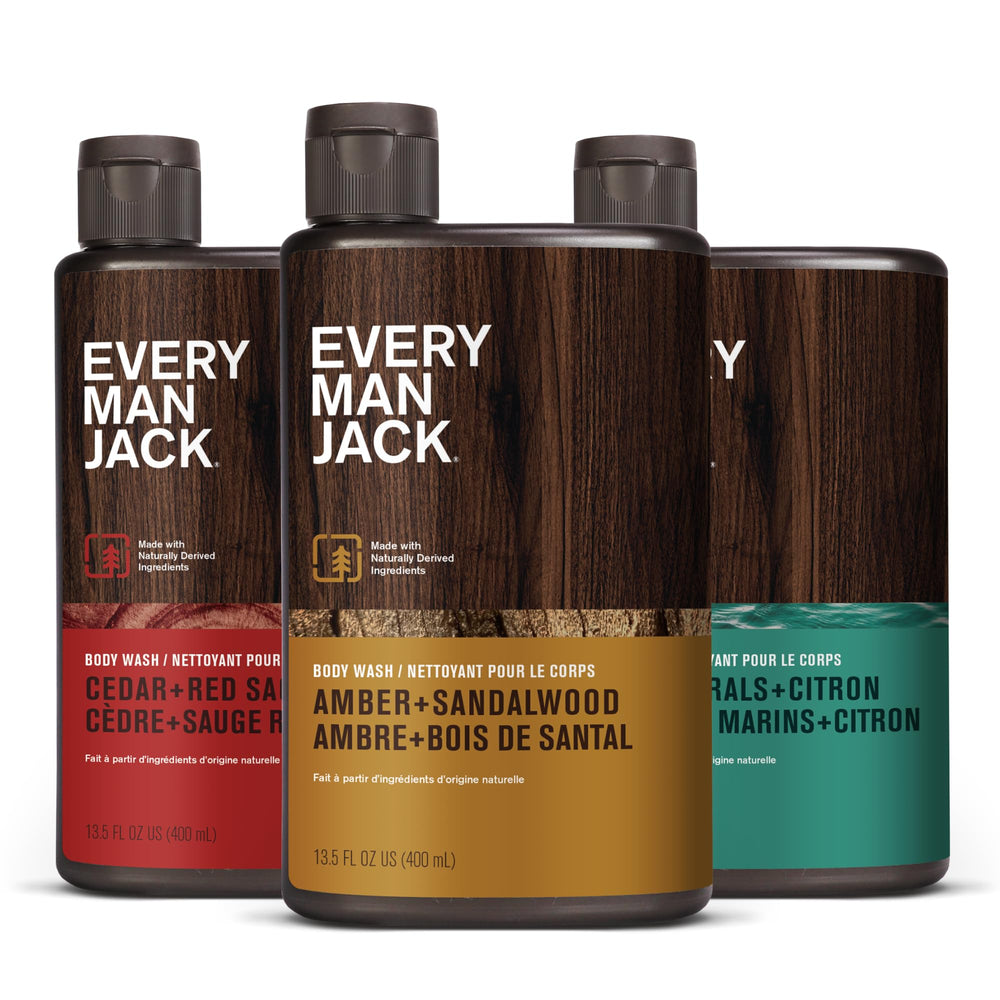 Every Man Jack front packaging showing three bottles and variety pack benefit