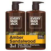 Every Man Jack front packaging showing amber sandalwood scent and value pack
