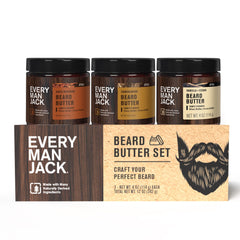 Every Man Jack front packaging showing the three-beard-butter gift set benefit: clear scent variety