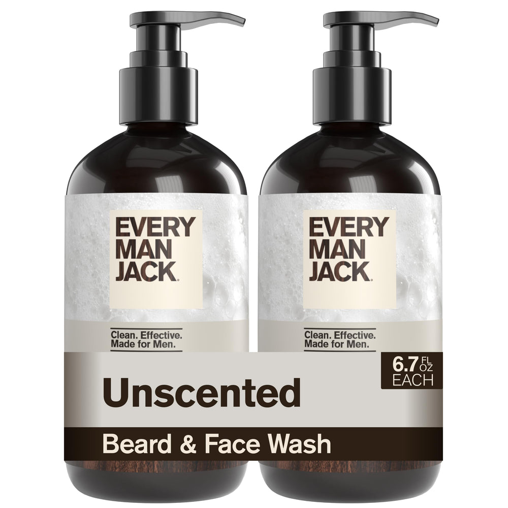Every Man Jack front packaging shows unscented beard and face wash benefit of gentle daily cleansing