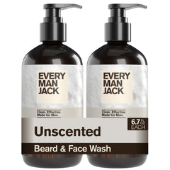 Every Man Jack front packaging shows unscented beard and face wash benefit of gentle daily cleansing