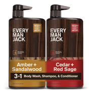 Every Man Jack front packaging showing both sandalwood and cedar bottles for long-lasting supply