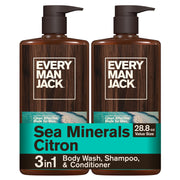 Every Man Jack bottle front view showing sea minerals citron scent and benefits