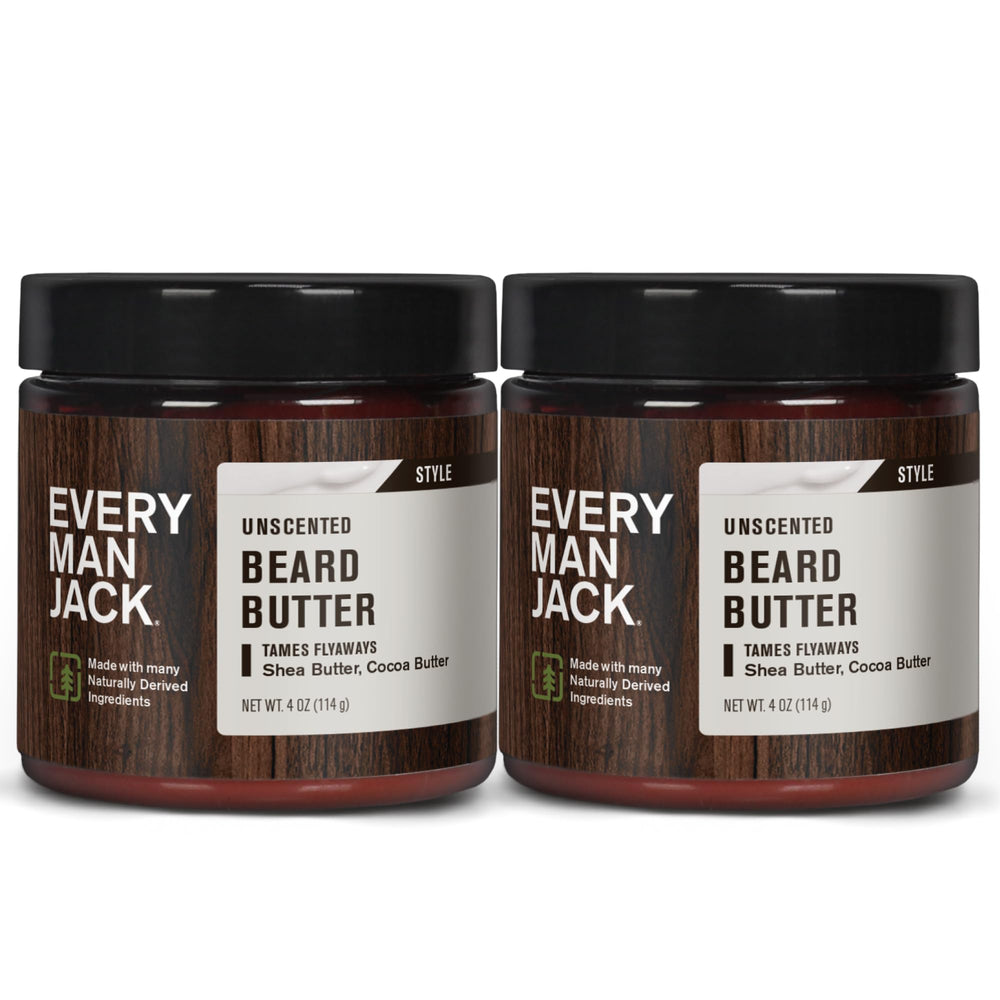 Every Man Jack front packaging shows unscented beard butter benefits