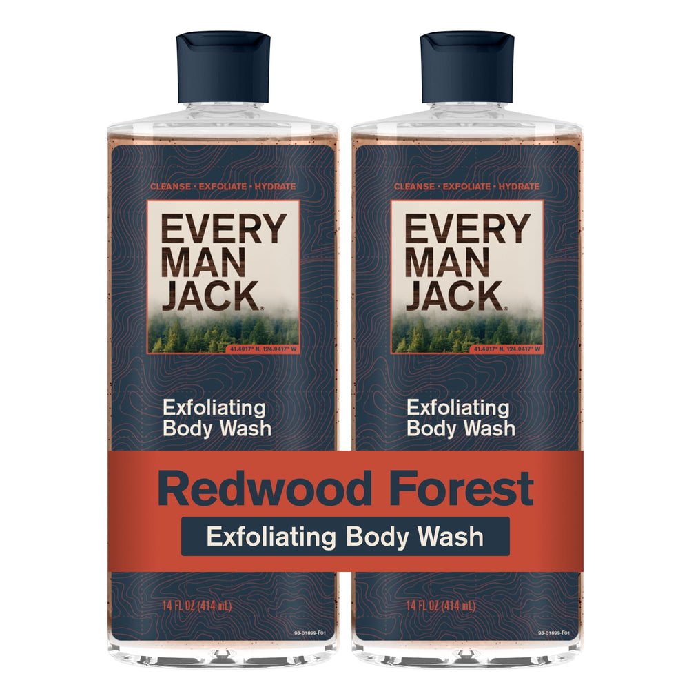Every Man Jack front packaging of two bottles showing product benefits