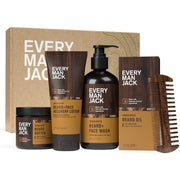 Every Man Jack front package showing the Sandalwood Teak gift set benefits