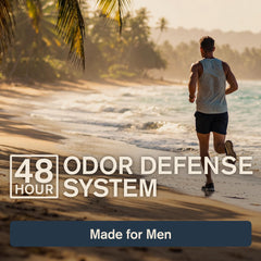Every Man Jack deodorant next to a hand to show 2.6 oz size and portability