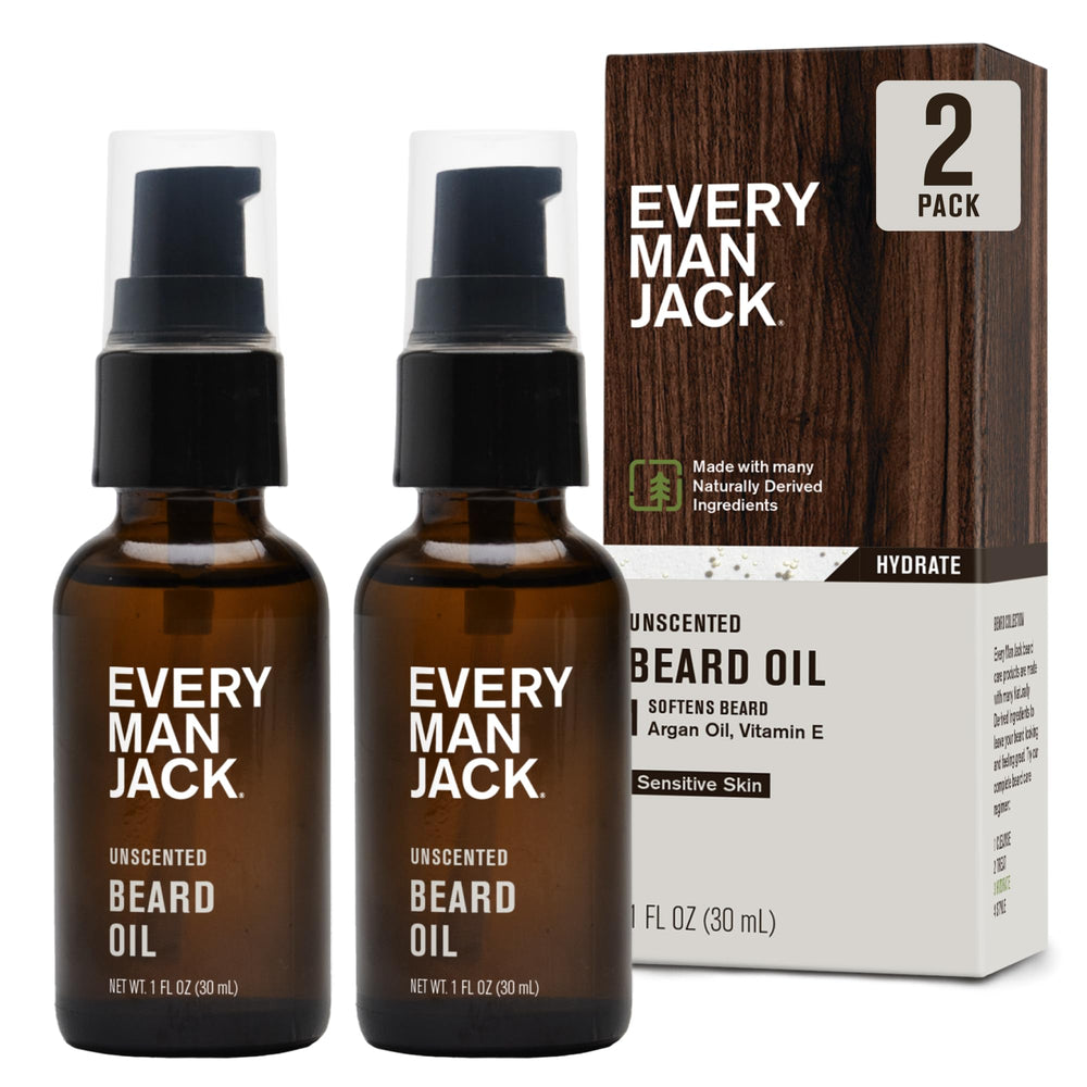 Every Man Jack front packaging showing two 1oz unscented beard oil bottles and clean design