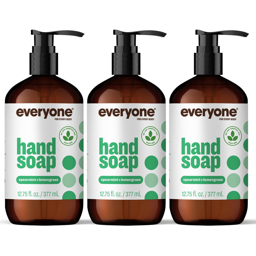 everyone front packaging showing three spearmint lemongrass bottles and recyclable label benefit