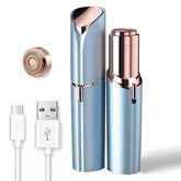 EVIEY front view of blue facial shaver packaging highlighting portability and benefits
