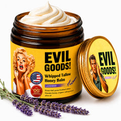 EVIL GOODS front jar shot showing lavender honey tallow, highlights natural hydration