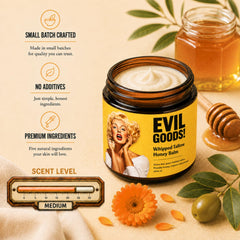 EVIL GOODS spoon lifting balm close-up showing creamy tallow texture