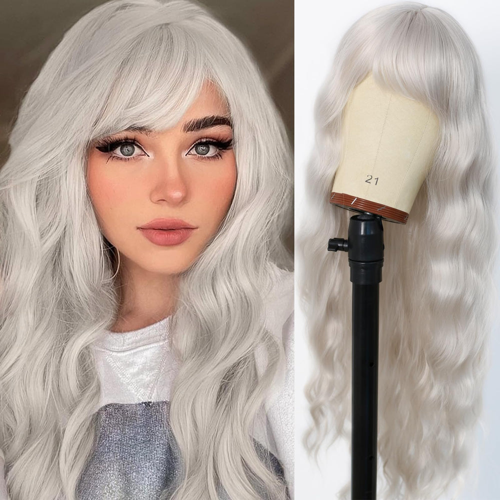 EVLYNN front view showing full silver wig and natural-looking waves benefit: instant style