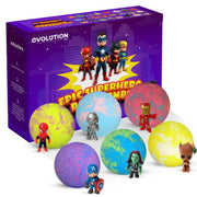 EvolutionUSA front packaging showing six purple superhero bath bombs and branding benefit