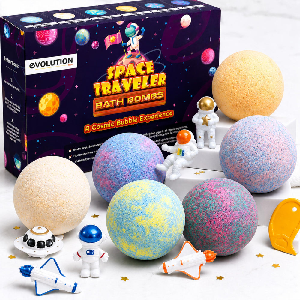 EvolutionUSA front pack view shows six planet bath bombs, fun and safe