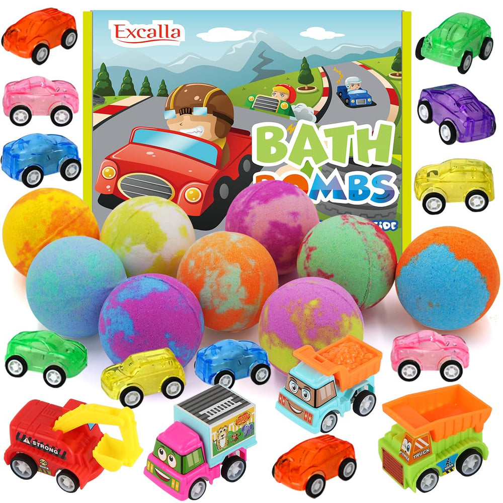 Excalla front packaging showing nine colorful bath bombs and included toy cars, appealing gift