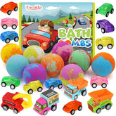Excalla front packaging showing nine colorful bath bombs and included toy cars, appealing gift