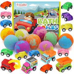 Excalla front packaging showing nine colorful bath bombs and included toy cars, appealing gift