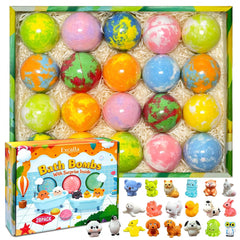 Excalla front packaging showing 20 bath bombs and gift-ready box benefits