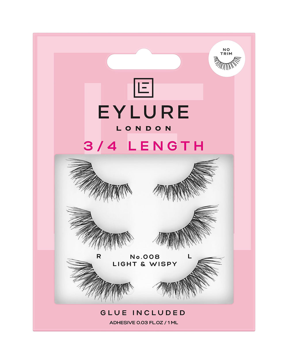 Eylure Fluttery Light 008 front packaging showing lashes and glue, easy selection benefit