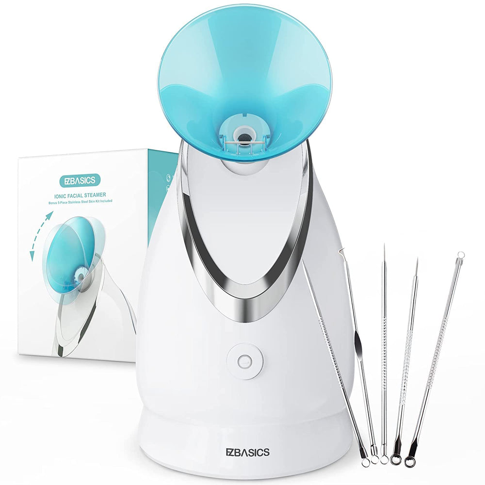 EZBASICS facial steamer front view showing blue housing and quick-start benefit