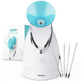 EZBASICS facial steamer front view showing blue housing and quick-start benefit