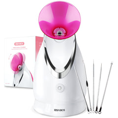 EZBASICS front view of pink steamer showing compact design and benefits