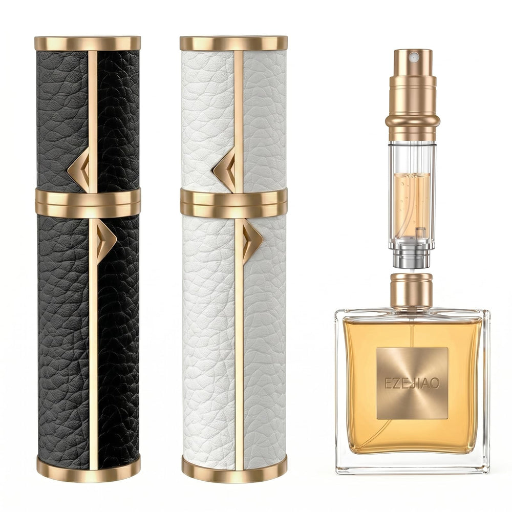 EZEJIAO front view of leather perfume atomizers showing sleek travel convenience