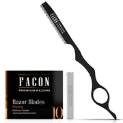 FACON razor front view showing sleek stainless-steel handle and control