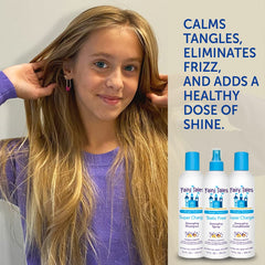 Adult applying Fairy Tales spray to child’s wet hair for easier combing benefit