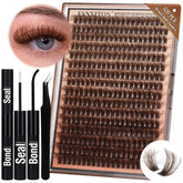 FANXITON front packaging showing 320 brown lash clusters and tools, clear kit overview benefit