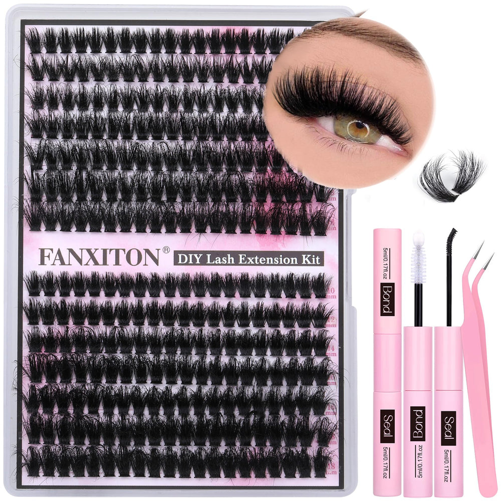 FANXITON front packaging showing full lash clusters kit and included tools for convenience