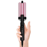 Farery mini 3 barrel front view showing rose pink curlers and ergonomic handle for easy styling