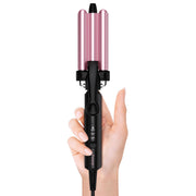 Farery mini 3 barrel front view showing rose pink curlers and ergonomic handle for easy styling