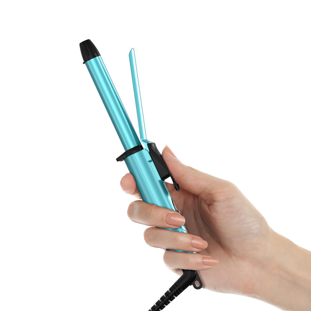 FARERY mini curling iron front view showing compact design and blue finish for travel convenience