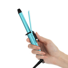 FARERY mini curling iron front view showing compact design and blue finish for travel convenience