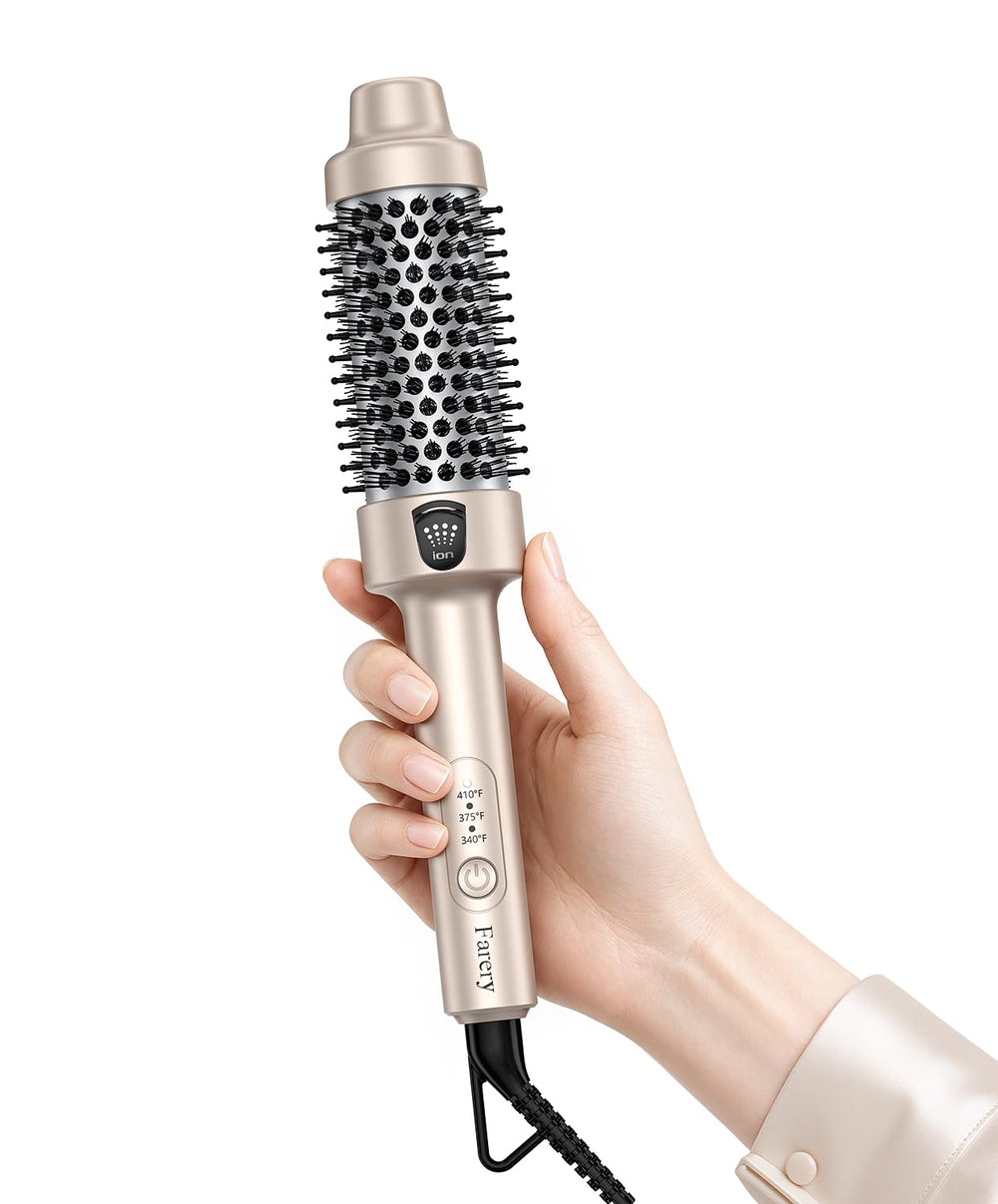Farery thermal brush front view showing compact heated barrel and ergonomic handle benefit quick styling