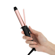 FARERY front view of compact travel curling iron showing controls and barrel benefits portability