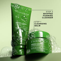 Farmacy close-up of cleansing balm texture showing melt-away makeup benefit