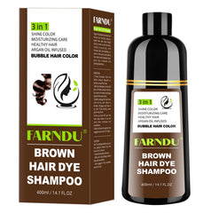 Farndu front bottle showing brown hair dye shampoo packaging and benefit of easy application