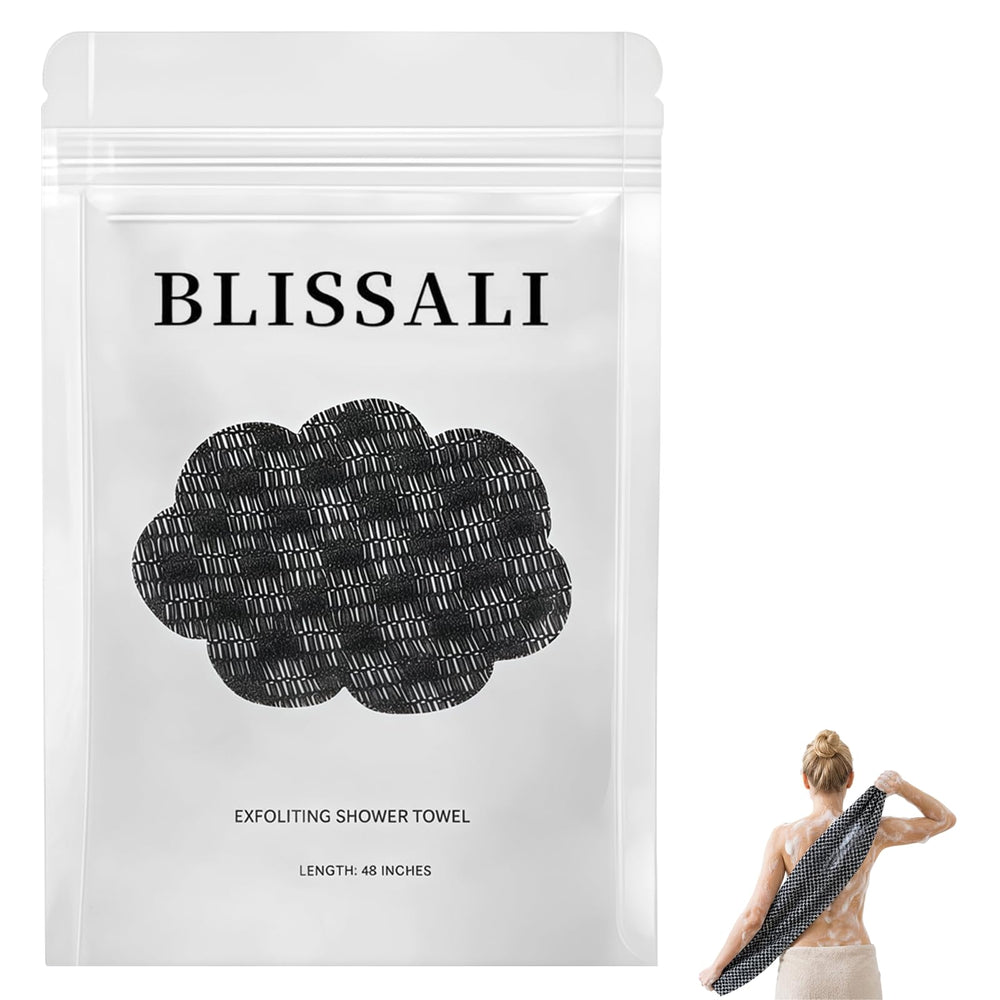 Faylira Blissal front view showing compact black towel and branding benefit: easy store