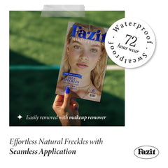 Fazit on model cheek showing festival-ready glitter and visual impact