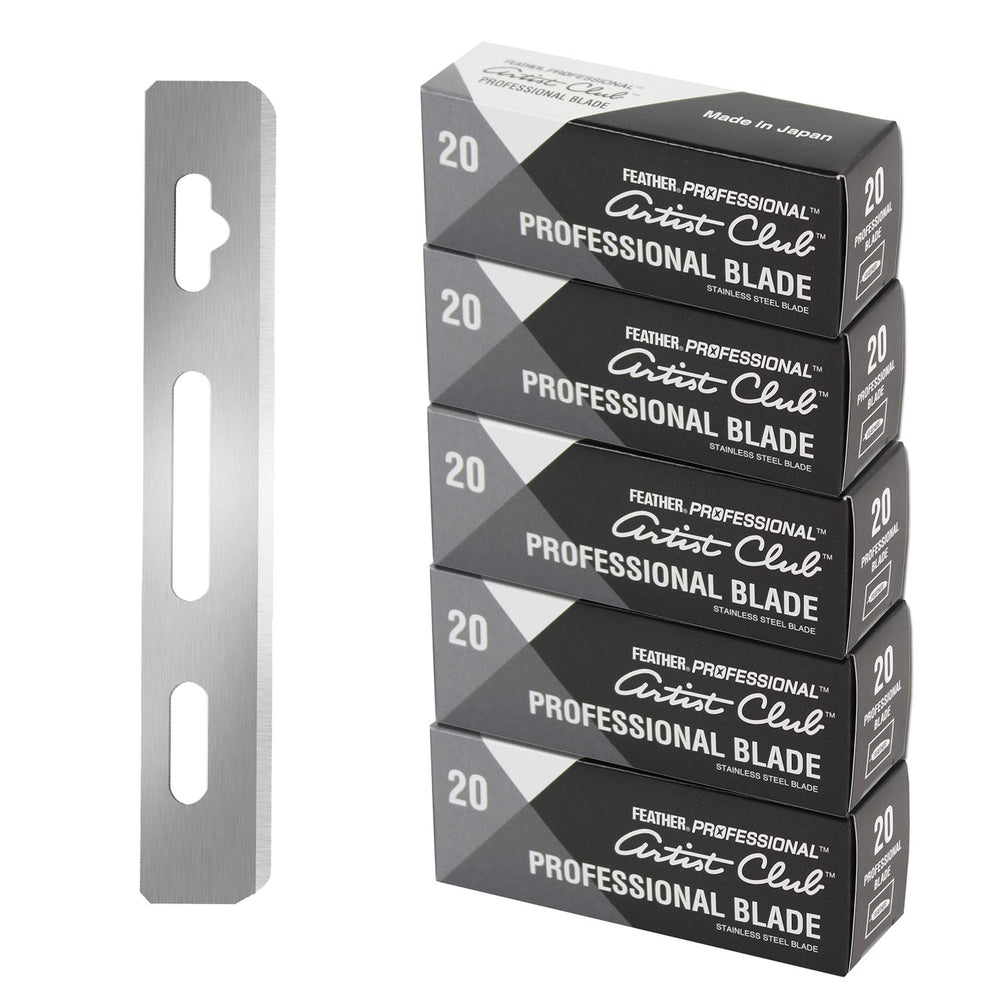 Feather front packaging showing 100-count blades, clear supply benefit