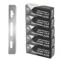 Feather front packaging showing 100-count blades, clear supply benefit