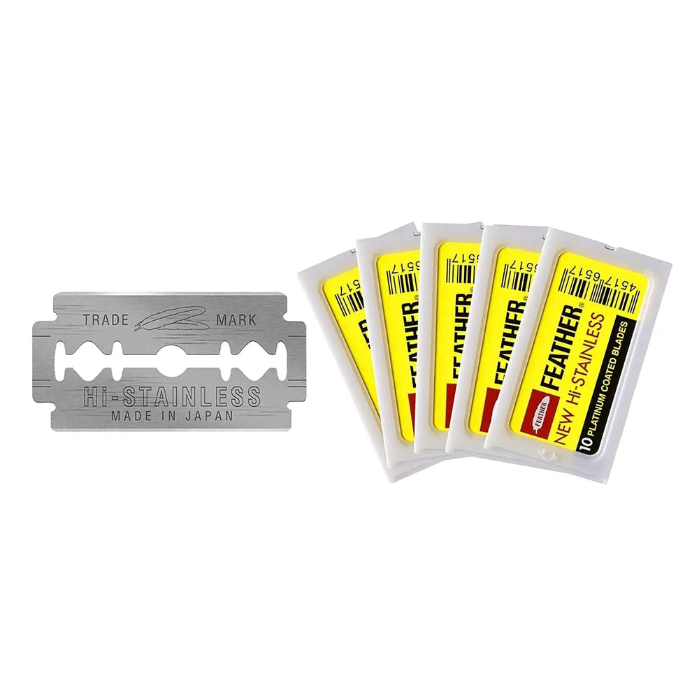 Feather front packaging showing 50-count and benefit of long-lasting sharpness
