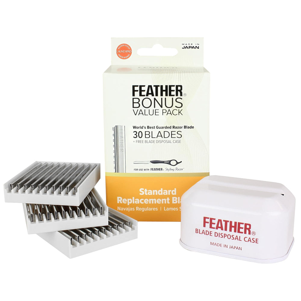Feather front packaging showing value pack and blade count for reliable supply